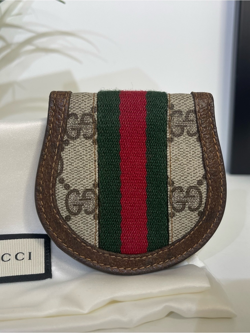 Gucci Brown Monogram Coin Case with Red and Green Web